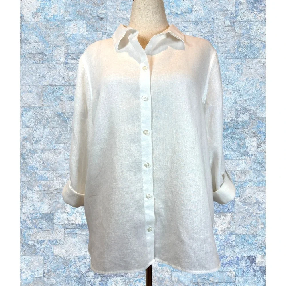 CHICOS Size 3 No Iron 100% Linen Button Up Blouse White Roll Tab Sleeve Shirt XL - Picture 1 of 9